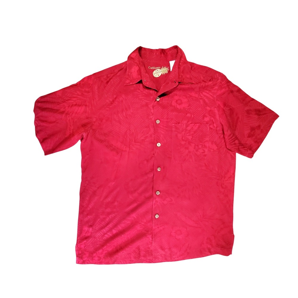 Caribbean Vintage Mens Red‎ 100% Silk Tropical Jacquard Short Sleeve Camp Shirt